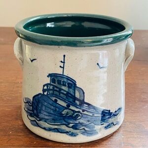 Nautical Ceramic Planter/Crock with Blue Tugboat